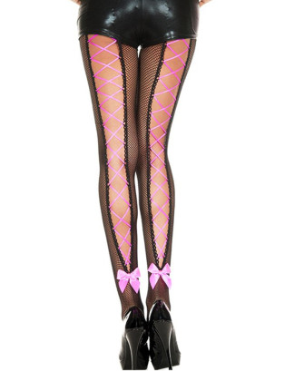 Collant résille noir avec laçage rose corset et noeud 